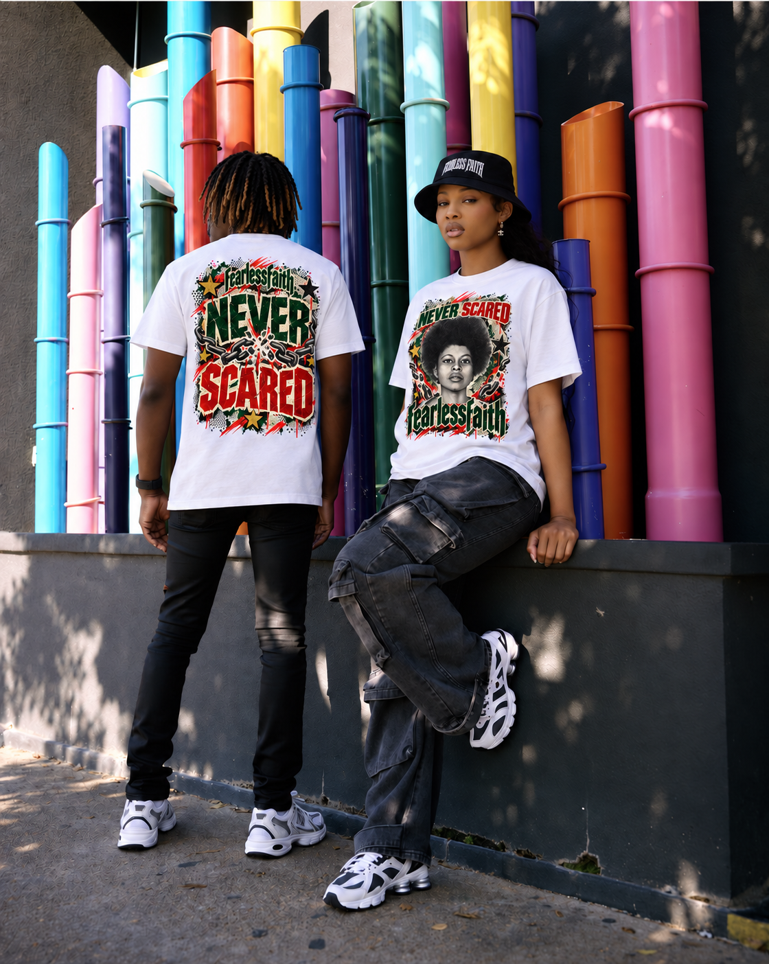 Fearless Faith black bucket hat and white graphic T-shirts