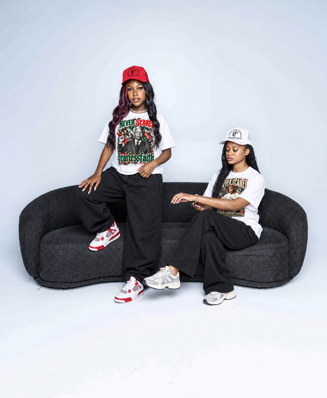 Fearless Faith red and white Essentials hats on women