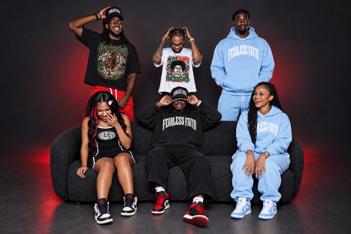 Fearless Faith Black urban models wearing varied tees, hoodies, dress and matching sets