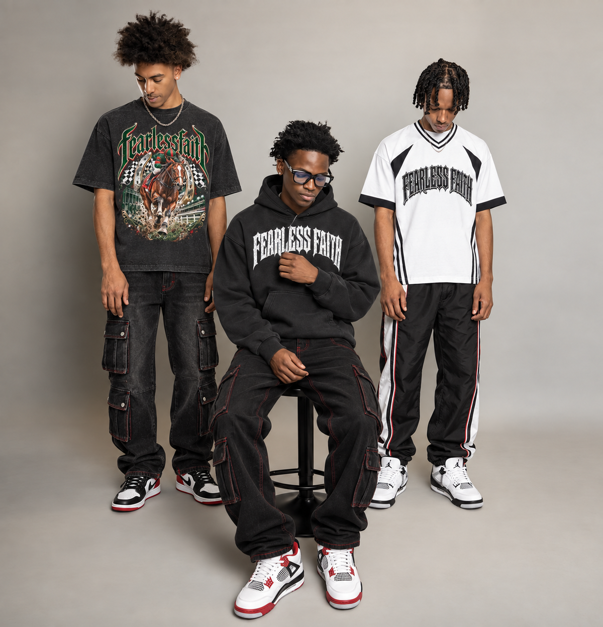 Fearless Faith men wearing Champion tee, black hoodie and color-block V-neck